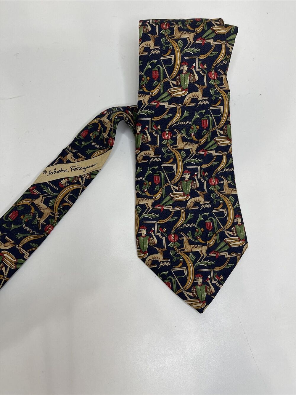 Salvatore Ferragamo Silk Tie Mens Blue Red Abstract Deer Hunter Print Pointed
